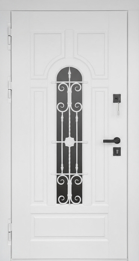 Металлическая непромерзающая термодверь с белой ковкой, стеклом и окрашенными панелями МДФ