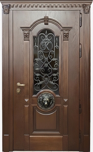 Стальная непромерзающая термодверь МДФ шпон с ковкой, стеклом, декором «львиная голова» и капителями