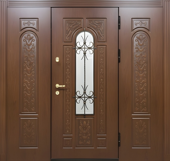 Входная группа с терморазрывом, отделкой МДФ, стеклом и ковкой